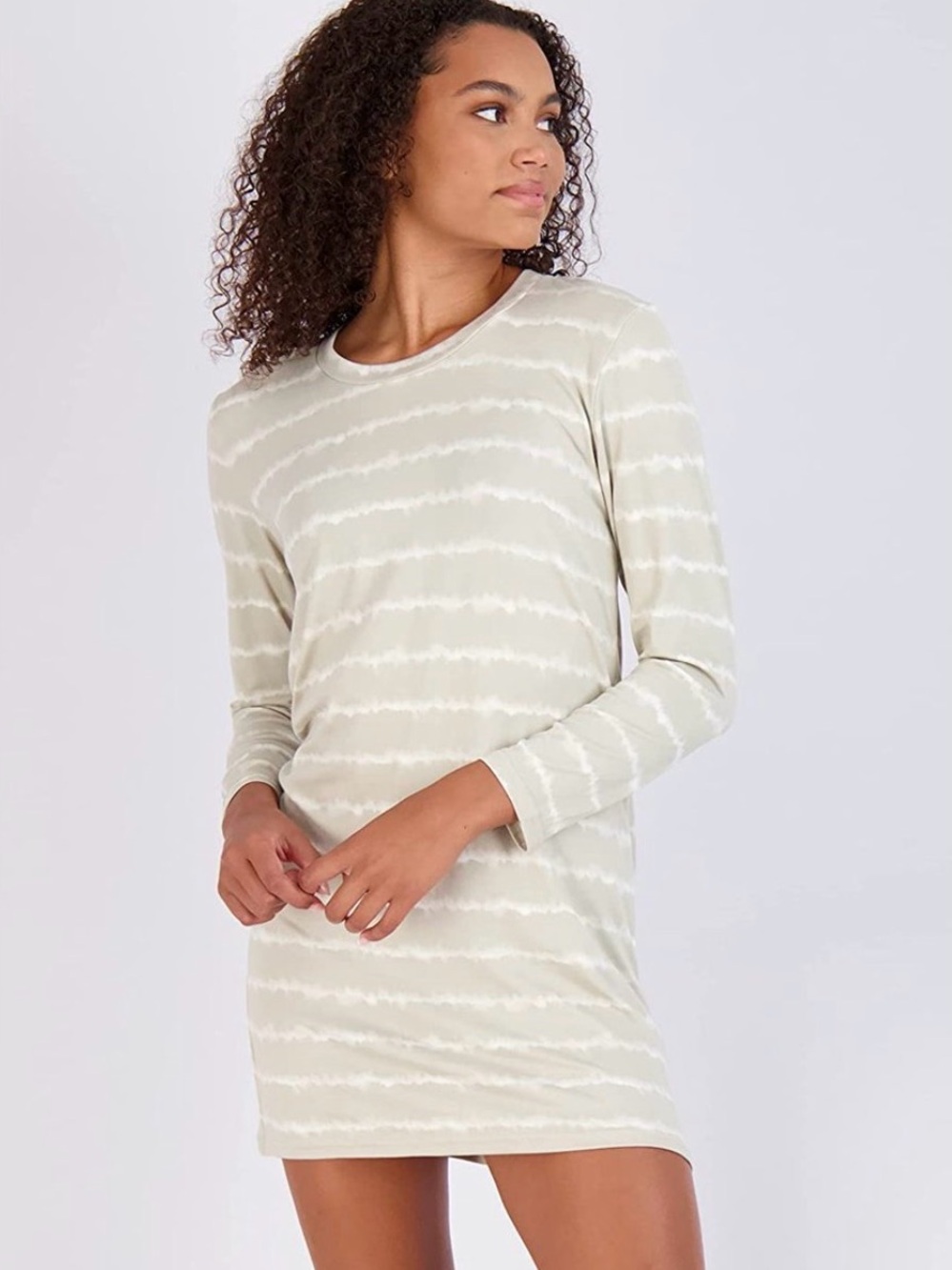 Long Sleeve Striped Tunic Sleep Shirt in Cream